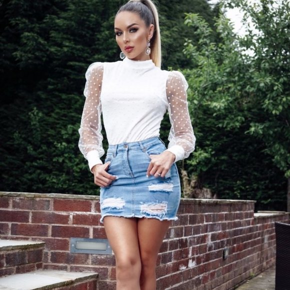 White Polka Dot Long Sheer Sleeve High Neck Top - Picture 3 of 5